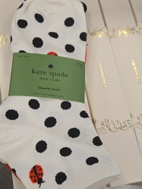 kate spade White & Black Polka Dot Quarter Socks Red Ladybug Accent Black & Red